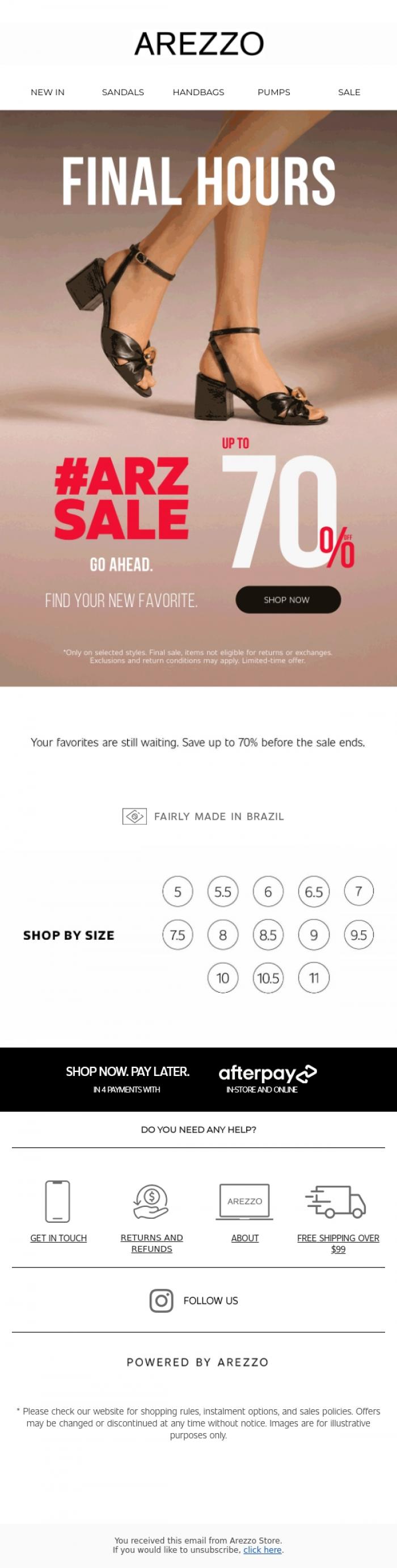 Email Design Inspiration from Arezzo Store, Up to 70% OFF final hours!