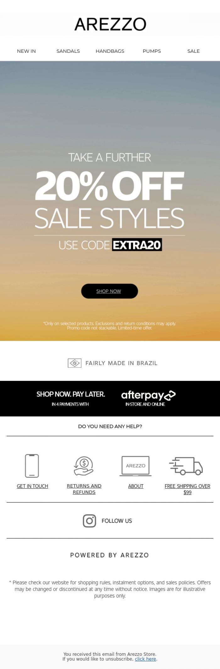 Email Design Inspiration from Arezzo Store, An extra 20% OFF? Yes, please.