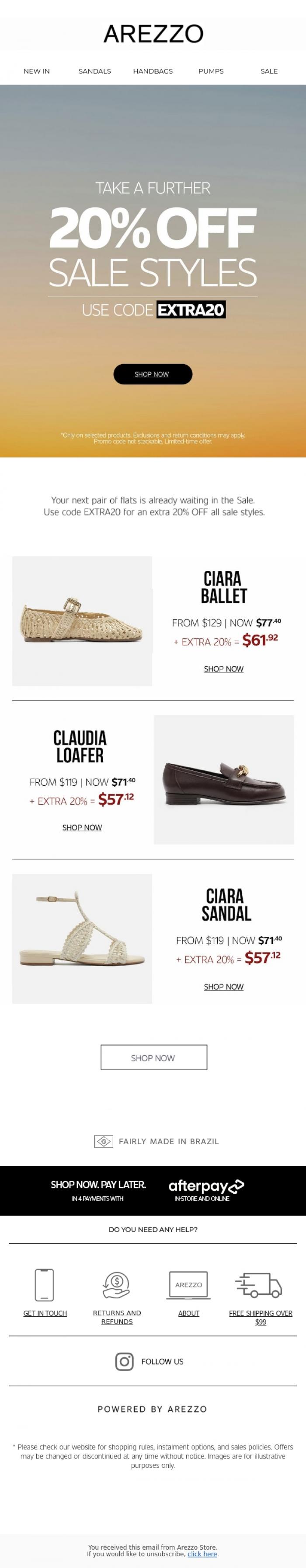 Email Design Inspiration from Arezzo Store, Extra 20% OFF: Time for flats!