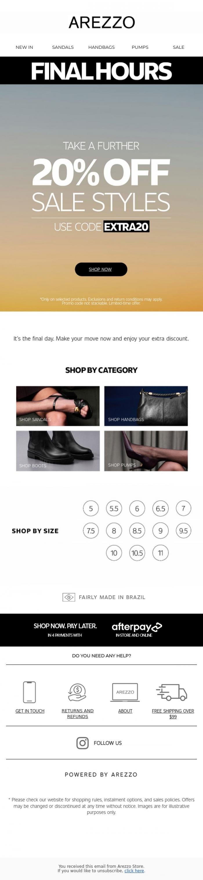 Email Design Inspiration from Arezzo Store, Extra 20% OFF ends tonight