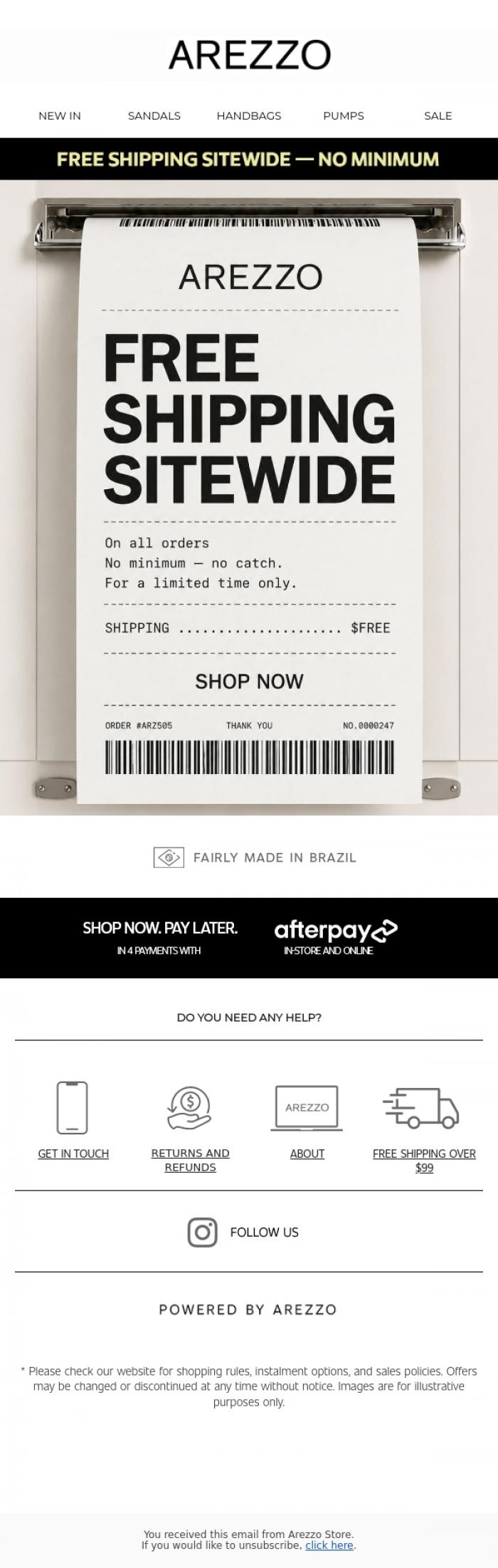 Email Design Inspiration from Arezzo Store, Free Shipping, No Minimum