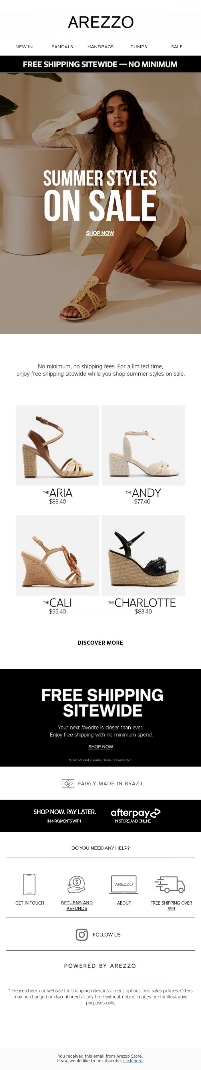 Email Design Inspiration from Arezzo Store, Sale Styles, Now With Free Shipping