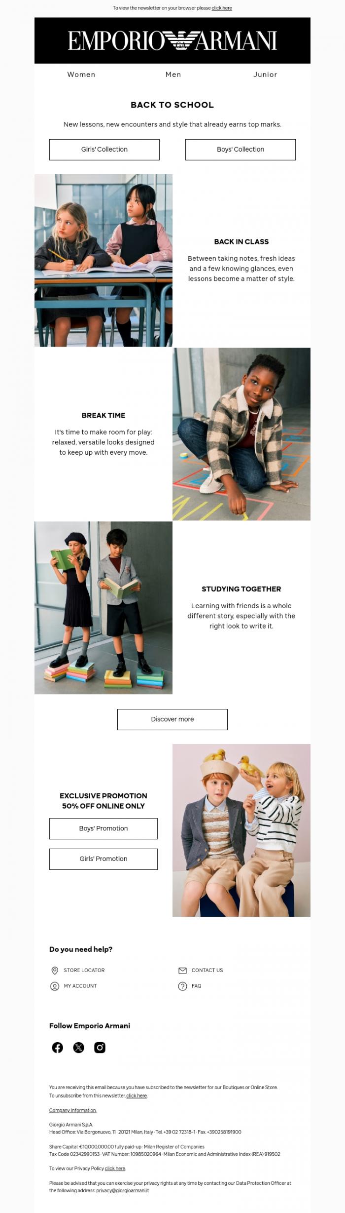 Email Design Inspiration from Armani, Back to School according to Emporio Armani Junior
