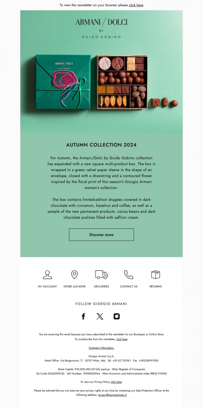 Email Design Inspiration from Armani / Dolci, Discover the Autumn Collection 2024