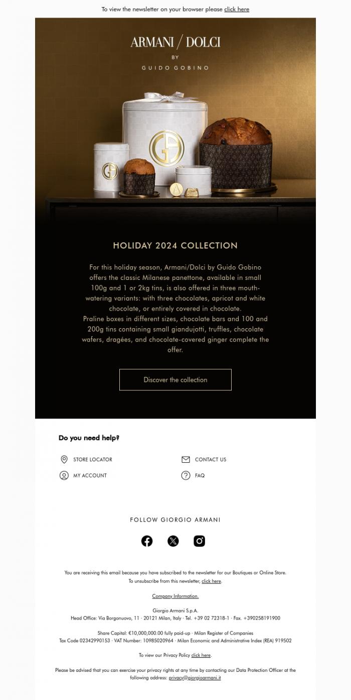 Email Design Inspiration from Armani / Dolci, Don't miss the Holiday 2024 collection