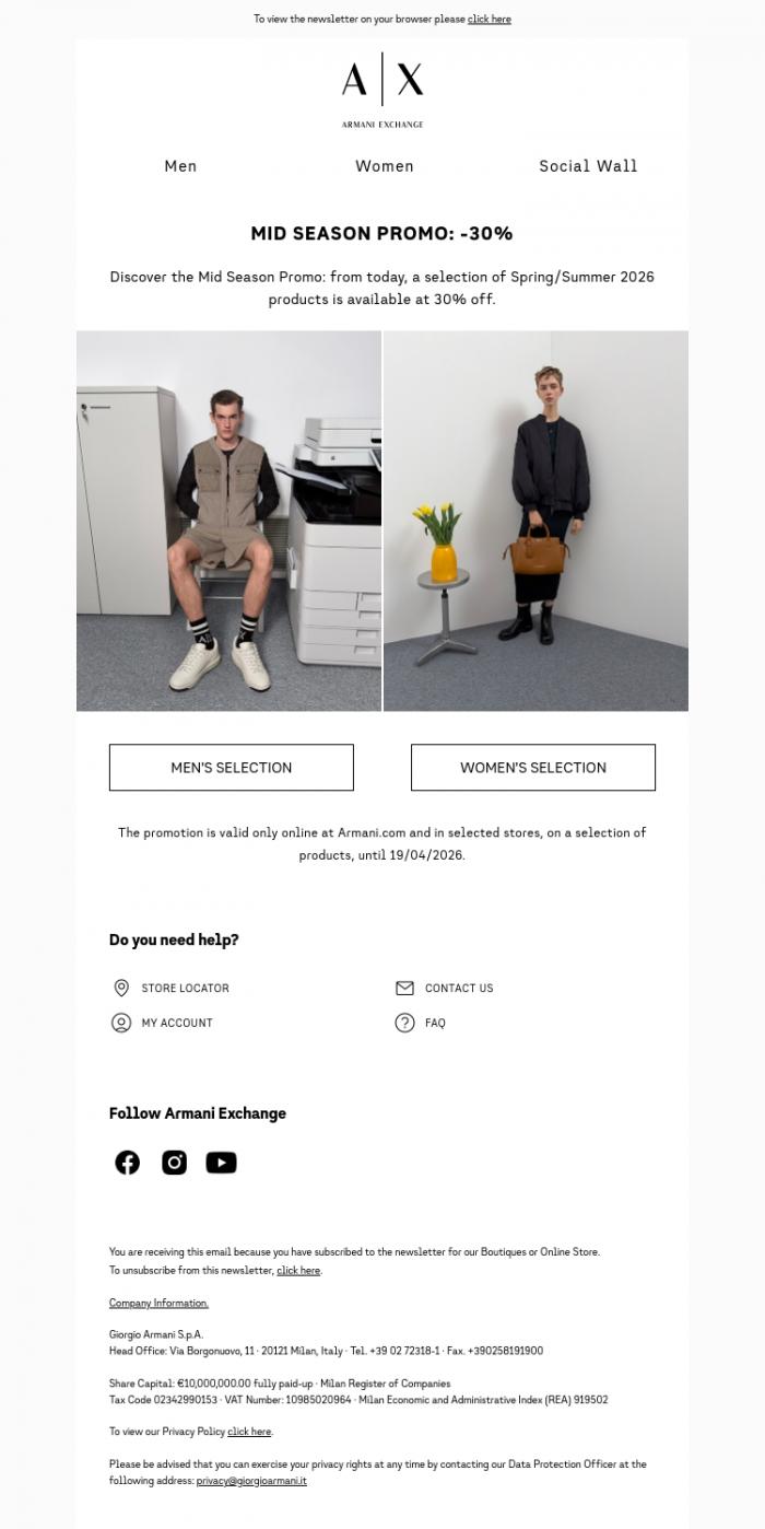 Email Design Inspiration from Armani Exchange, MID SEASON PROMO: from today, 30% off