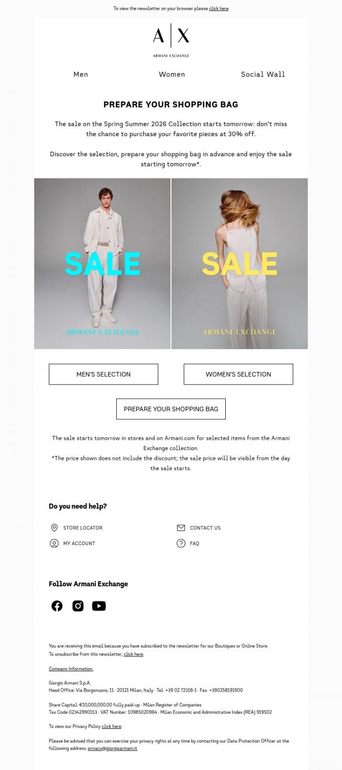 Email Design Inspiration from Armani Exchange, The sale is about to start: prepare your shopping bag