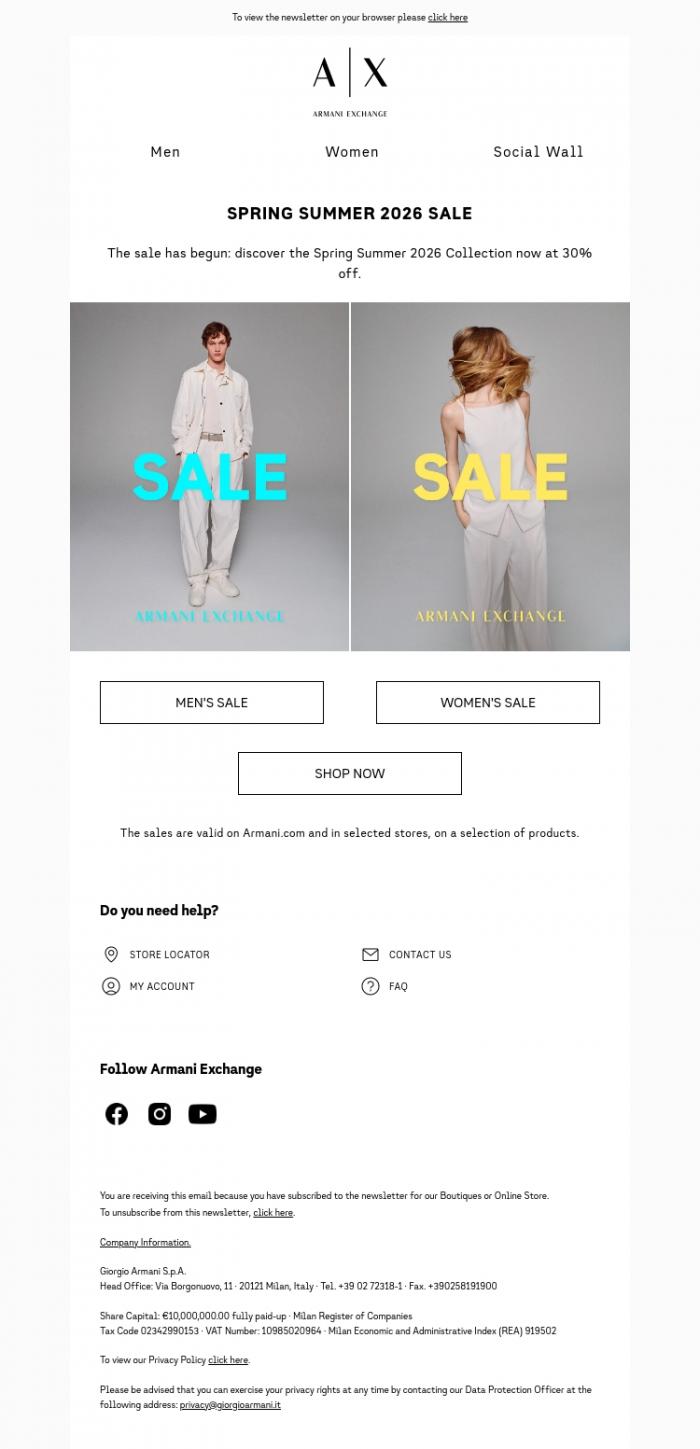Email Design Inspiration from Armani Exchange, The sale begins: 30% off the Spring Summer 2026 Collection