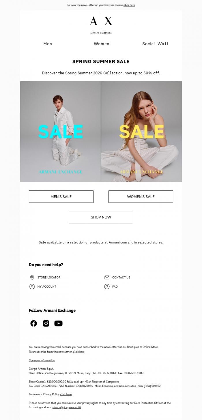 Email Design Inspiration from Armani Exchange, SALE: UP TO 50% OFF