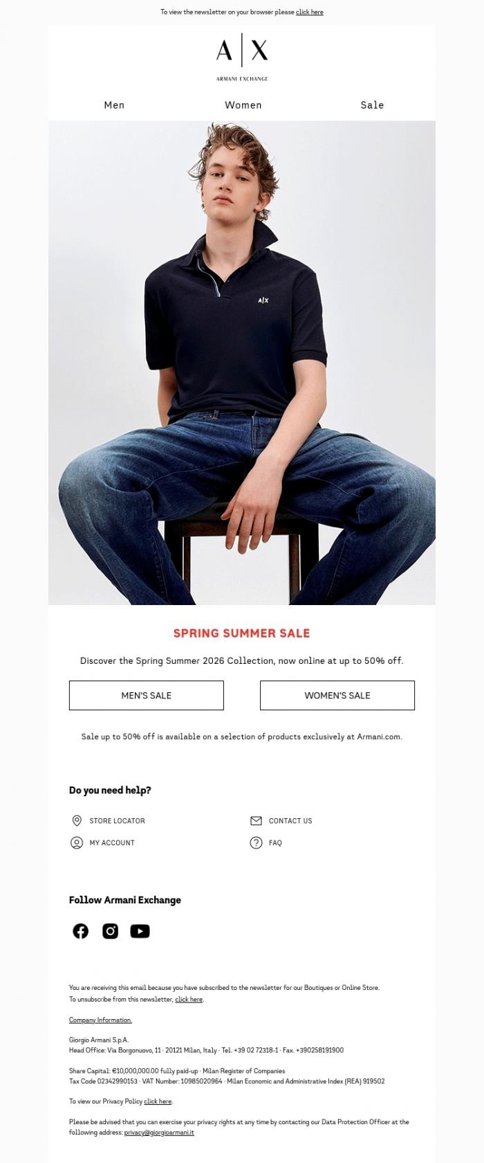 Email Design Inspiration from Armani Exchange, SALE: UP TO 50% OFF Online Only