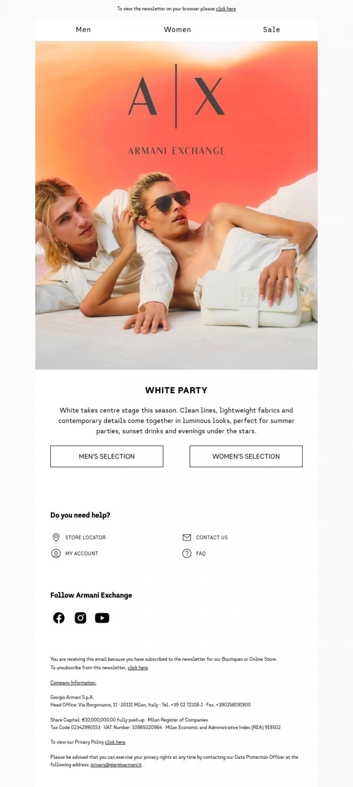 Email Design Inspiration from Armani Exchange, Total white looks now on sale