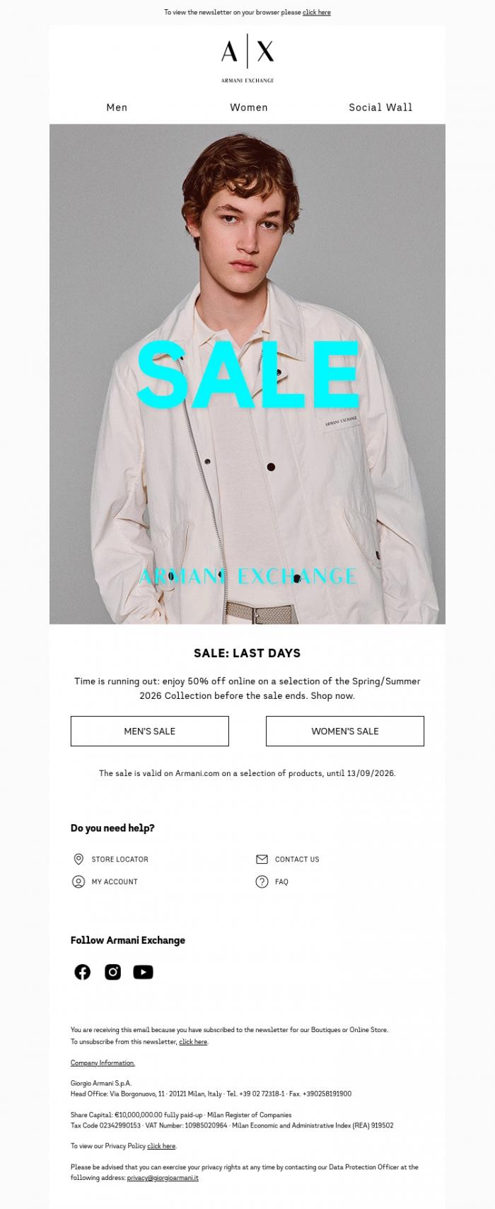 Email Design Inspiration from Armani Exchange, Sale -50%: LAST DAYS online only