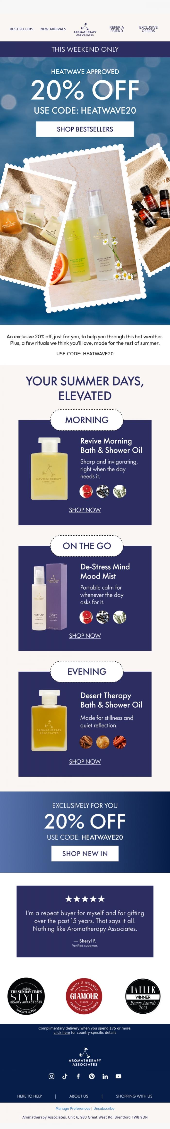 Email Design Inspiration from Aromatherapy Associates, Reserved for you, there. 20% off.