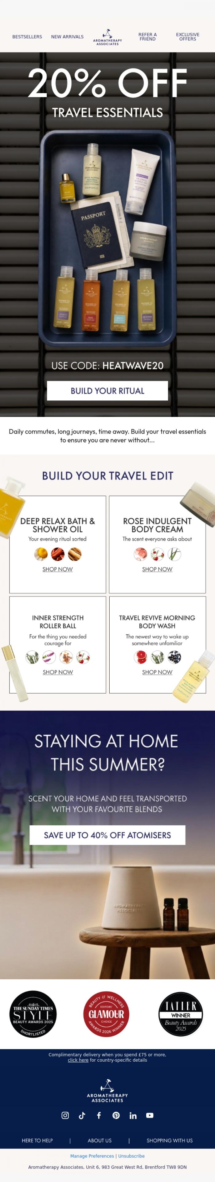 Email Design Inspiration from Aromatherapy Associates, Jetting off? Don't forget the essentials.
