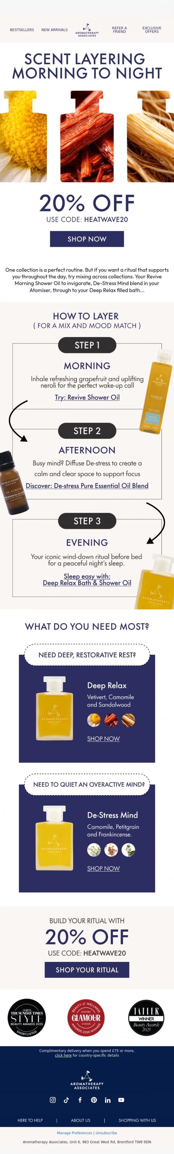 Email Design Inspiration from Aromatherapy Associates, 20% Off Ends Soon | Your Morning to Night Ritual