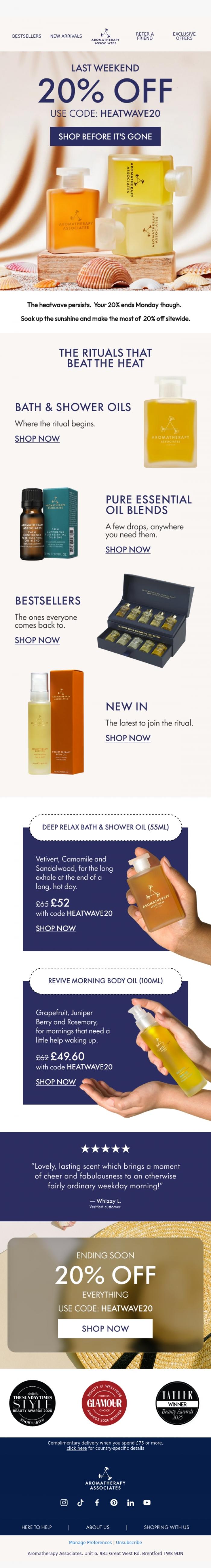 Email Design Inspiration from Aromatherapy Associates, Last chance ✨ Save 20% sitewide