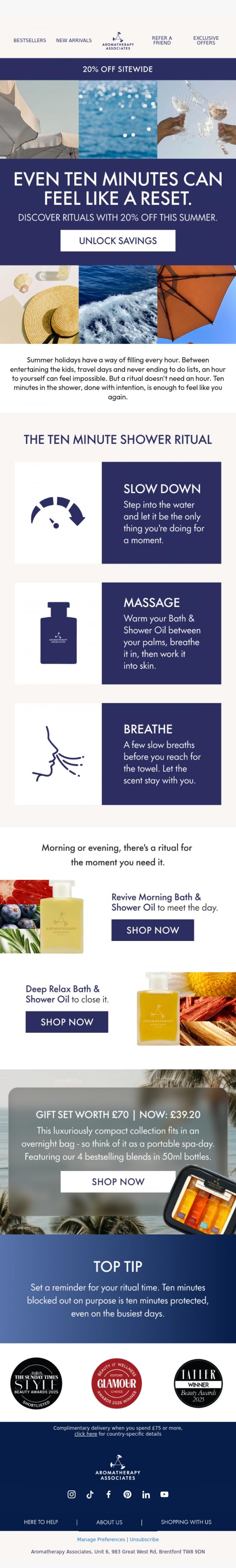 Email Design Inspiration from Aromatherapy Associates, Busy week? Ten minutes still counts🫧