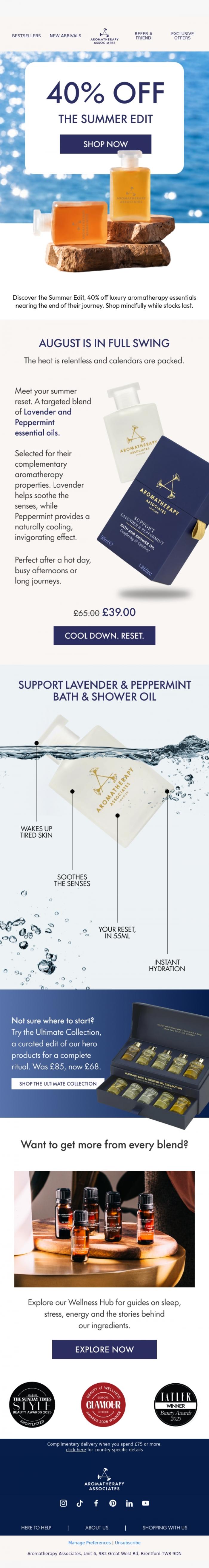 Email Design Inspiration from Aromatherapy Associates, The Summer Edit won't last, 40% off ✨