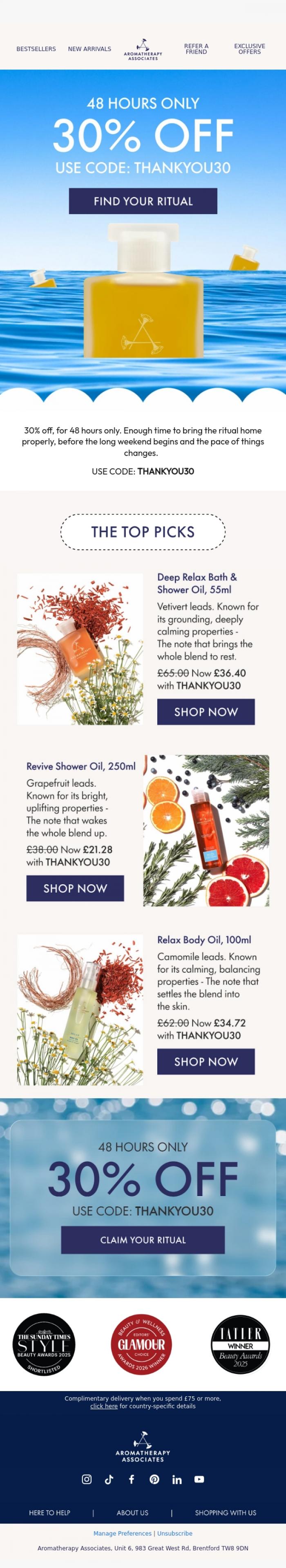Email Design Inspiration from Aromatherapy Associates, 48 hours only: 30% OFF 💌