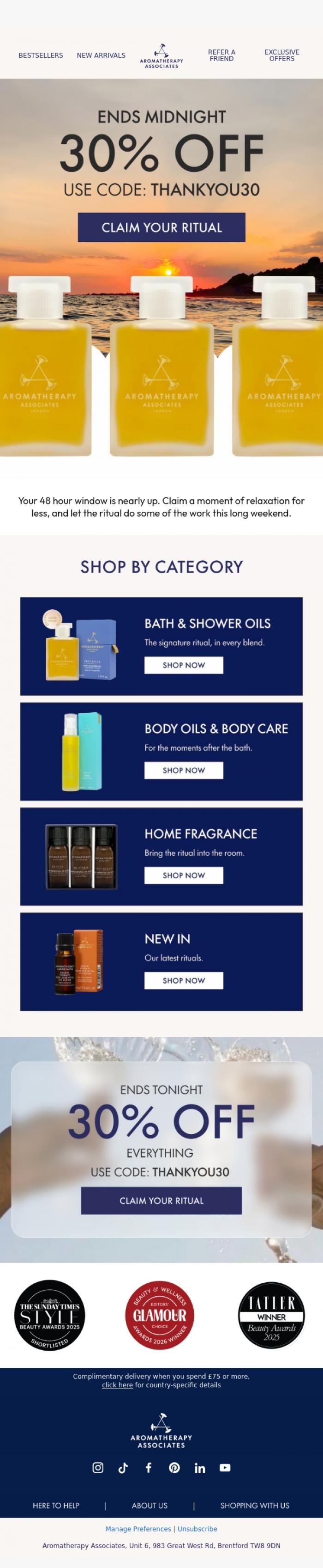 Email Design Inspiration from Aromatherapy Associates, Last chance: 30% off closes midnight ✨