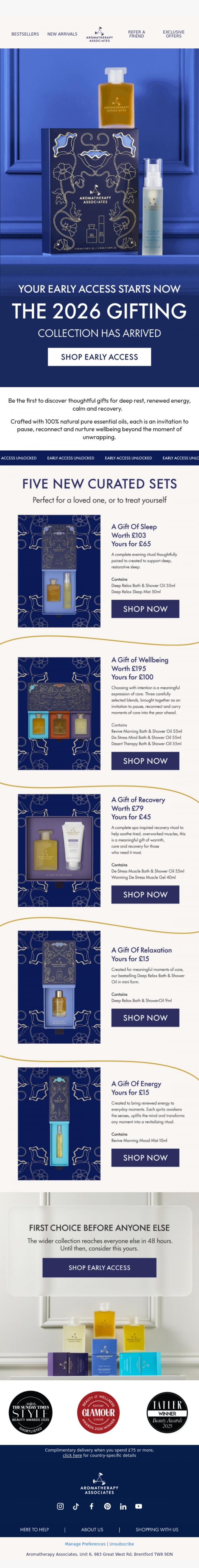 Email Design Inspiration from Aromatherapy Associates, Early Access: GRANTED ✅