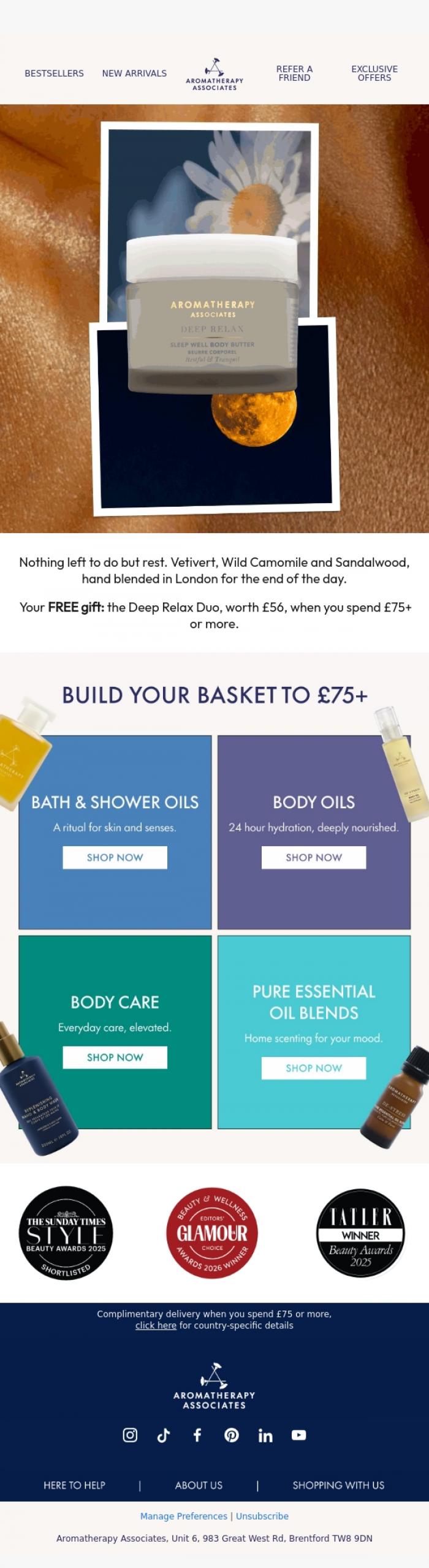 Email Design Inspiration from Aromatherapy Associates, Deep Relax Duo, worth &pound;56, on us