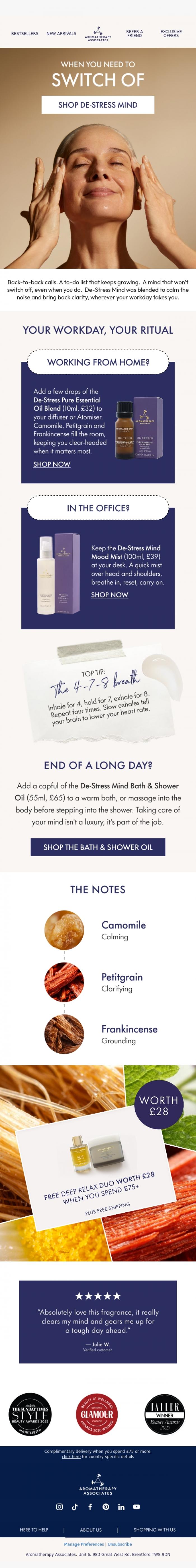 Email Design Inspiration from Aromatherapy Associates, Back to work stress creeping in?