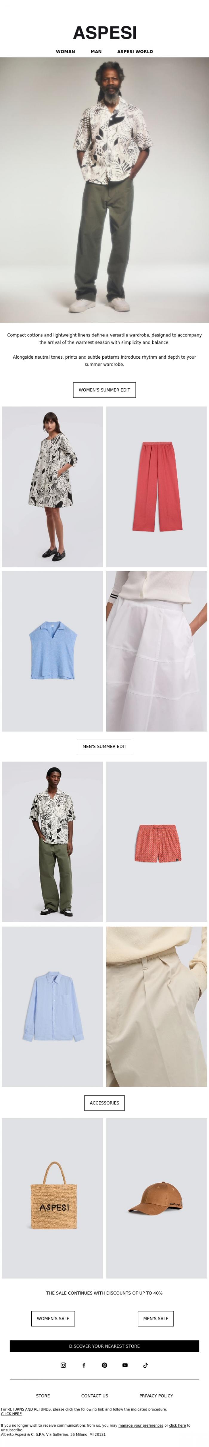 Email Design Inspiration from ASPESI, Summer Solstice | Discover our sale items