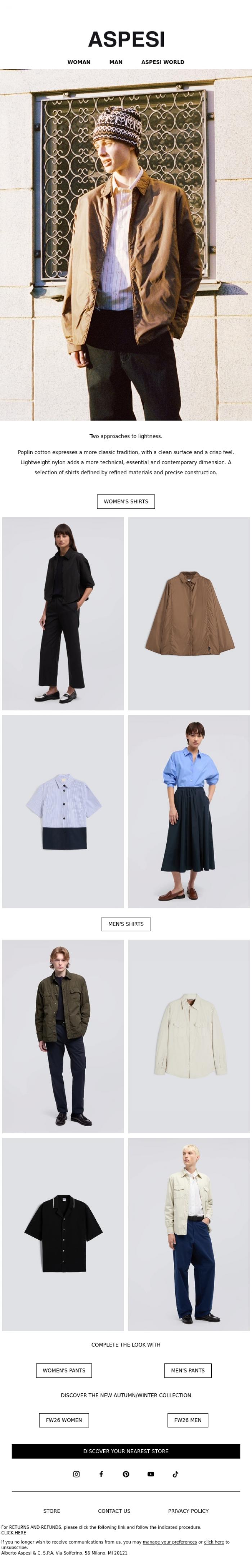 Email Design Inspiration from ASPESI, Summer shirts: poplin cotton and lightweight nylon