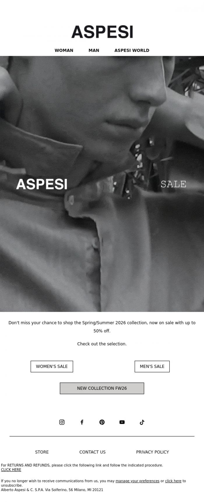 Email Design Inspiration from ASPESI, Don't miss our summer sale