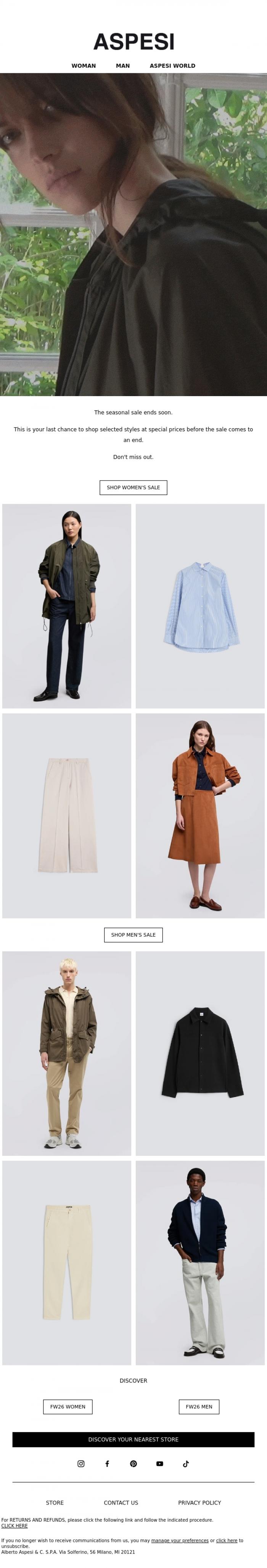 Email Design Inspiration from ASPESI, Ending soon SALE
