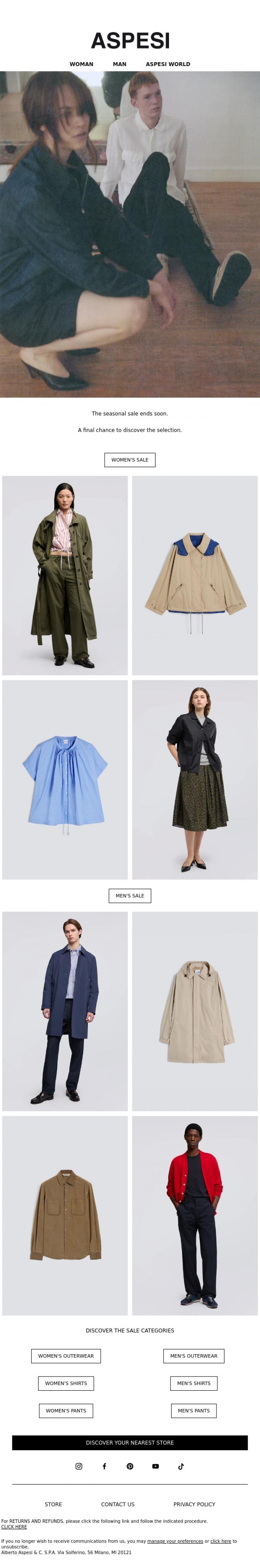 Email Design Inspiration from ASPESI, Last Chance: Sale