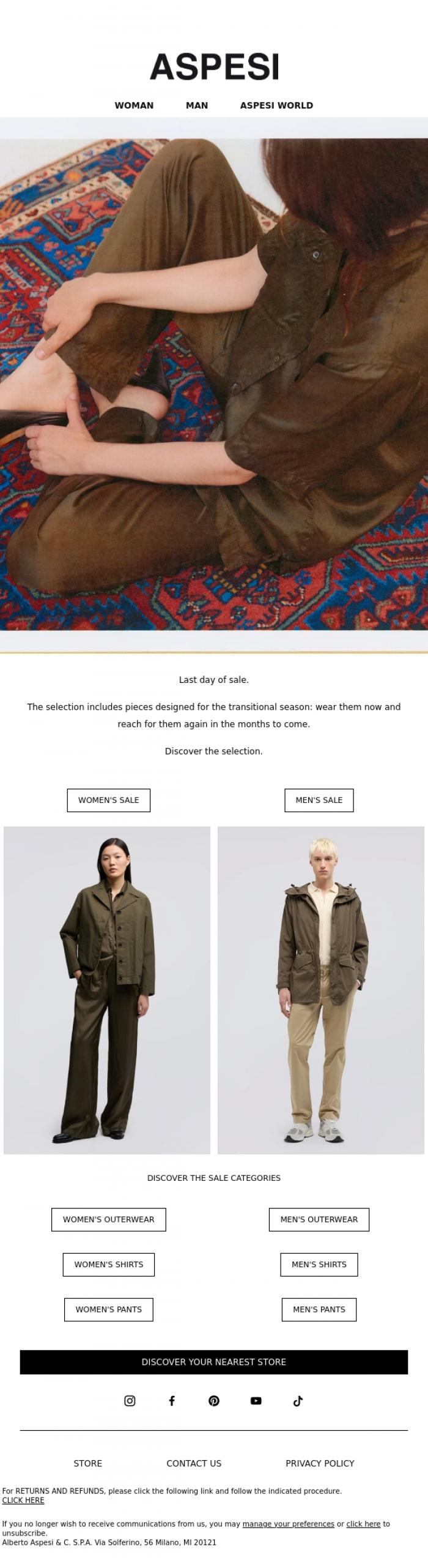 Email Design Inspiration from ASPESI, Last day of sale