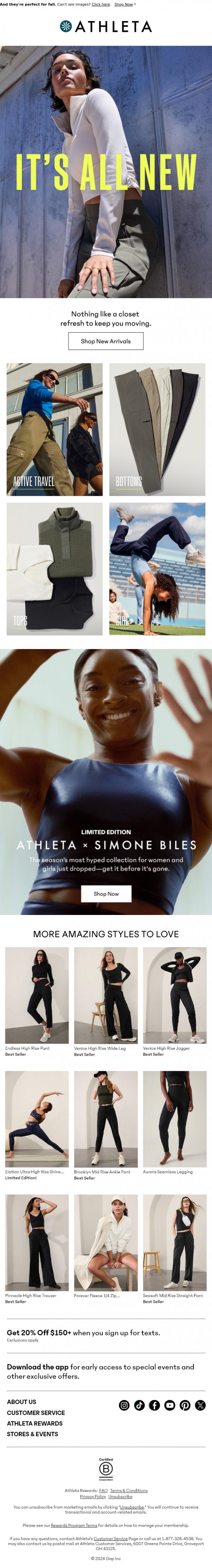 Email Design Inspiration from Athleta, Confirming new styles have arrived