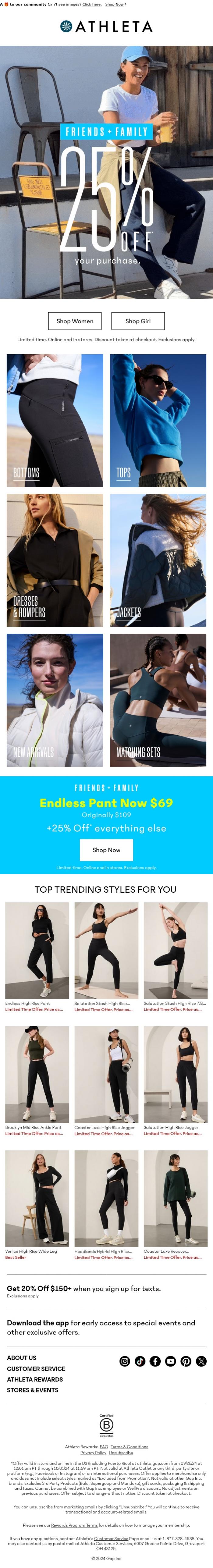 Email Design Inspiration from Athleta, Friends + Family, 25% is *ON*