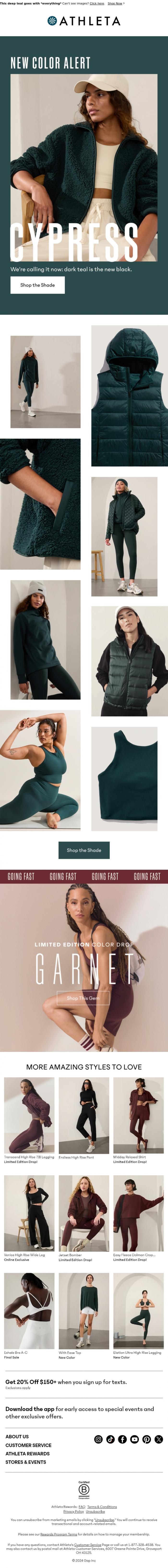 Email Design Inspiration from Athleta, Fall's #1 color: CYPRESS