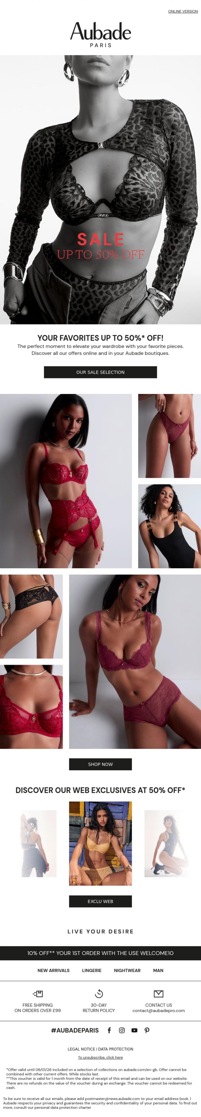 Email Design Inspiration from Aubade, SALES | Up to -50% on a selection*