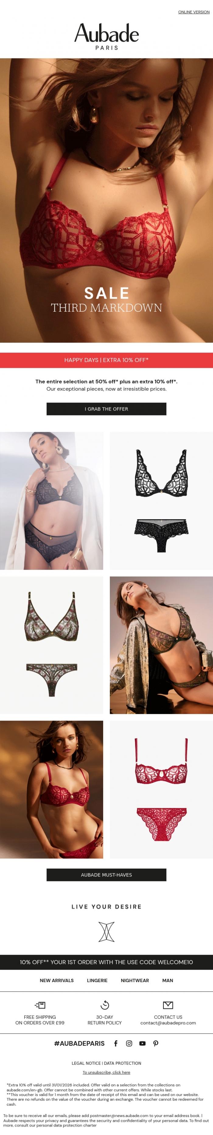 Email Design Inspiration from Aubade, HAPPY DAYS: an extra 10% off*