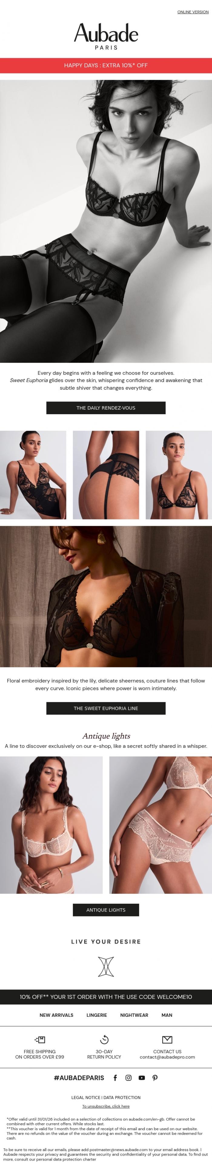 Email Design Inspiration from Aubade, Every day, a thrill.