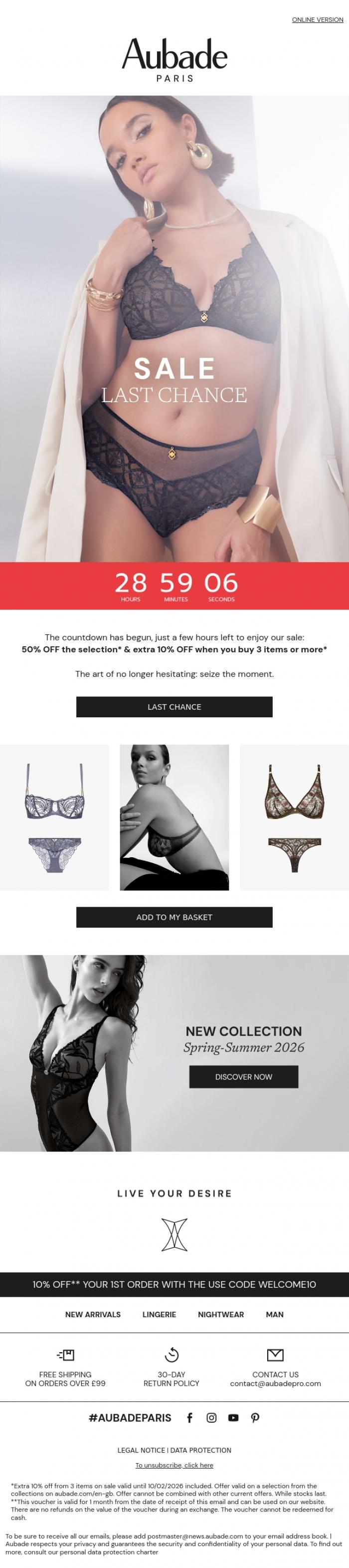 Email Design Inspiration from Aubade, Last call : 50%* OFF the selection