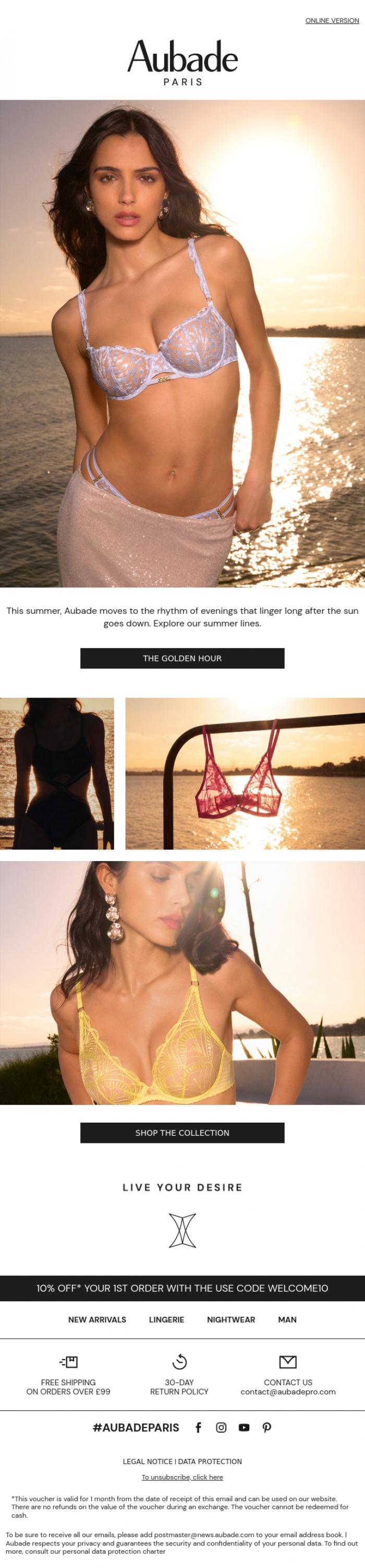 Email Design Inspiration from Aubade, Golden Hour