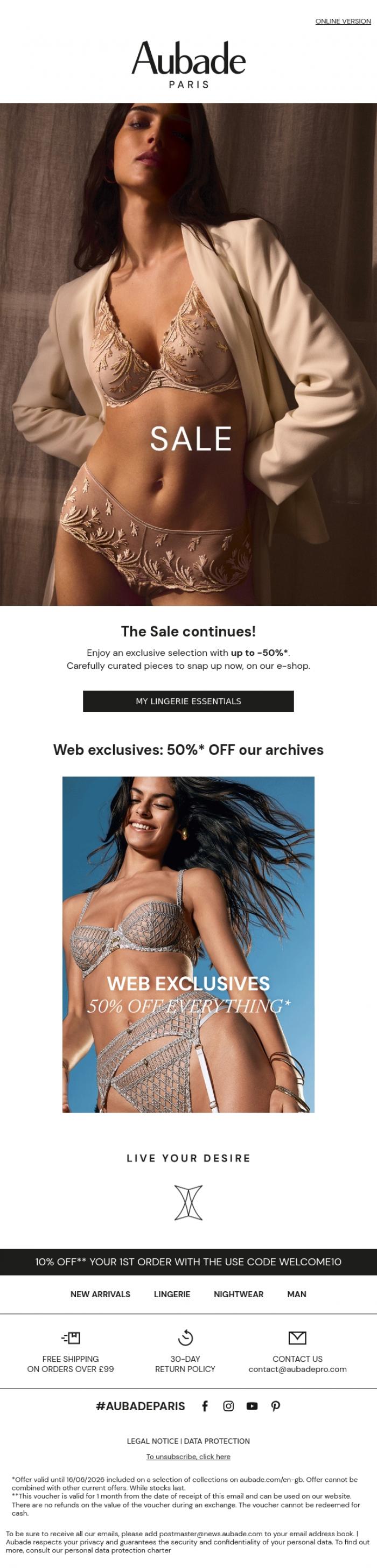 Email Design Inspiration from Aubade, The Sale continues
