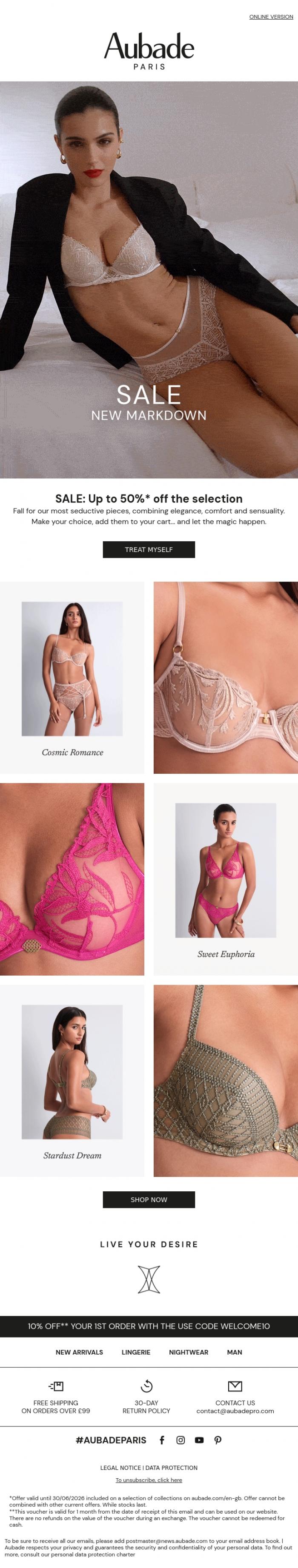 Email Design Inspiration from Aubade, The art of seduction up to 50%* off