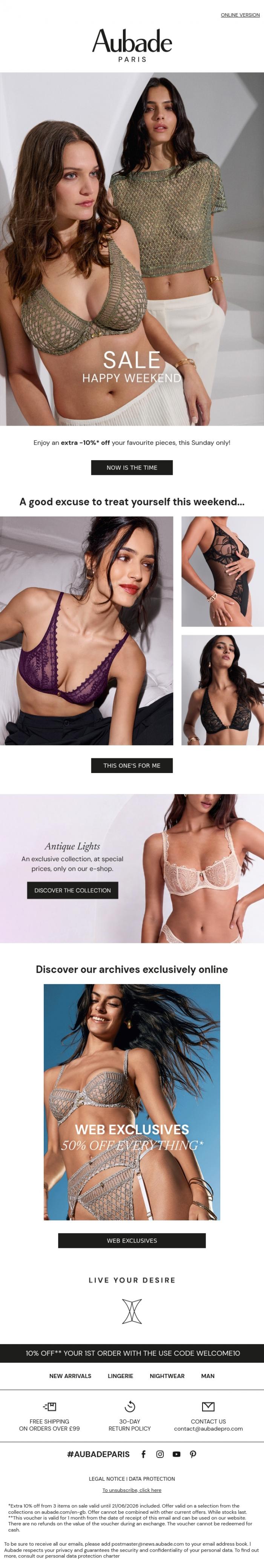 Email Design Inspiration from Aubade, Extra 10%* off until sunday