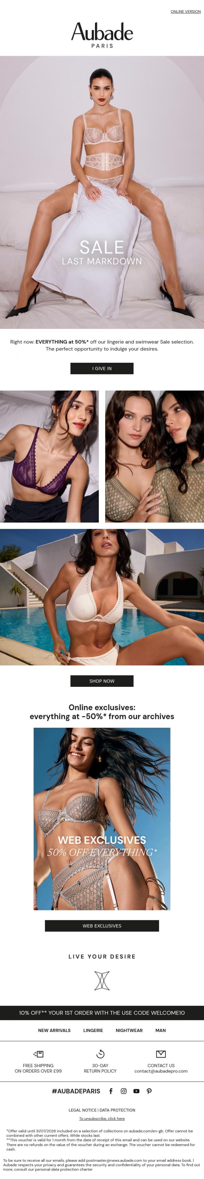 Email Design Inspiration from Aubade, Sale: 50%* off the ENTIRE selection