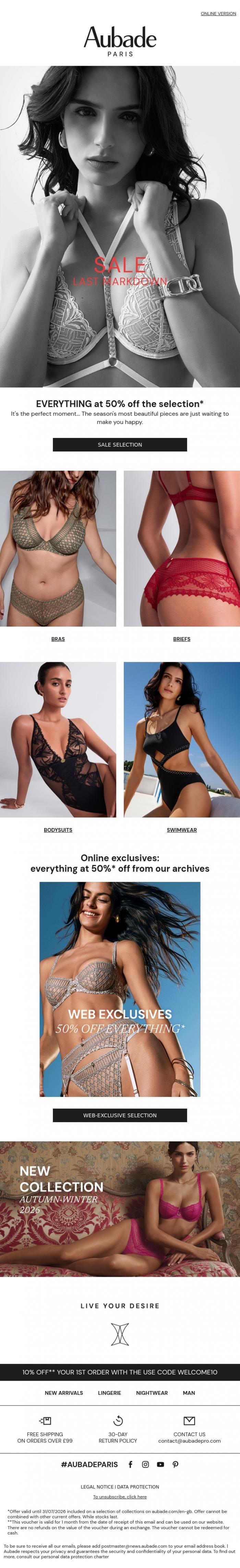 Email Design Inspiration from Aubade, Sale: 50%* off the ENTIRE selection