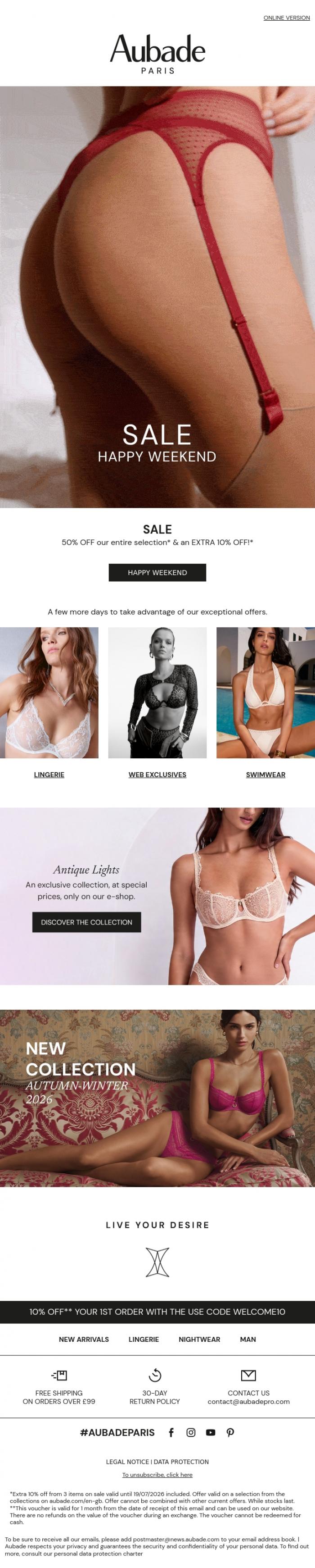 Email Design Inspiration from Aubade, This weekend only: Extra 10% off*