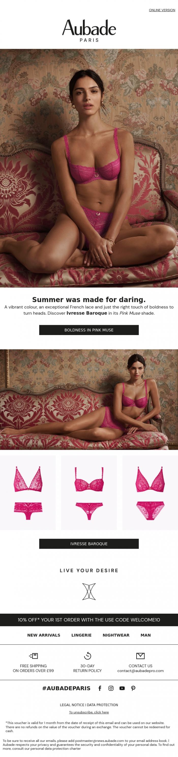 Email Design Inspiration from Aubade, Boldness doesn't take a holiday