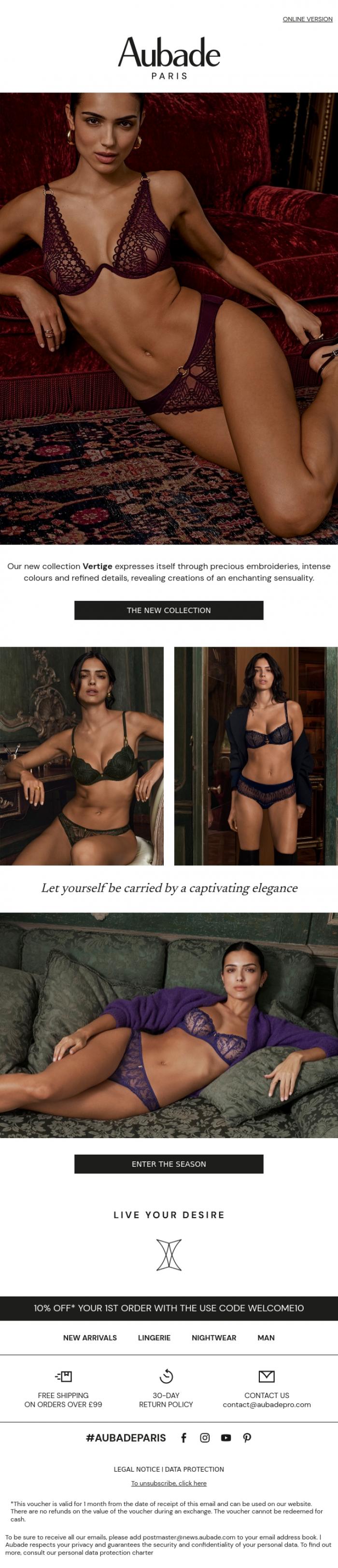Email Design Inspiration from Aubade, The new season unveils itself with boldness