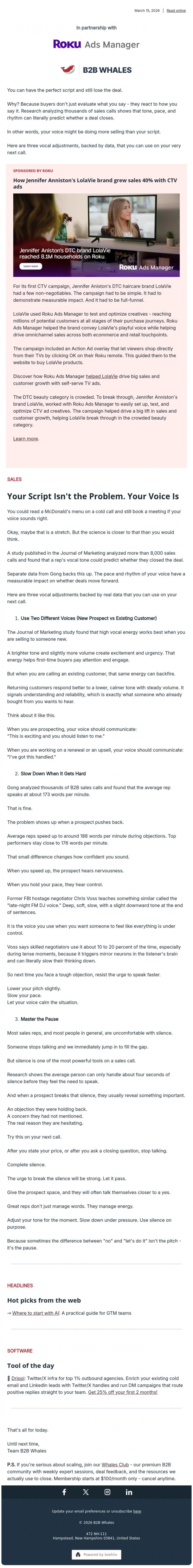 Email Design Inspiration from B2B Whales, 3 voice tricks that can make up for a bad script